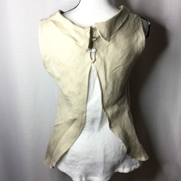 COLORI DI CAPRI Tan Linen Blouse Cute Back Design - Picture 4 of 8